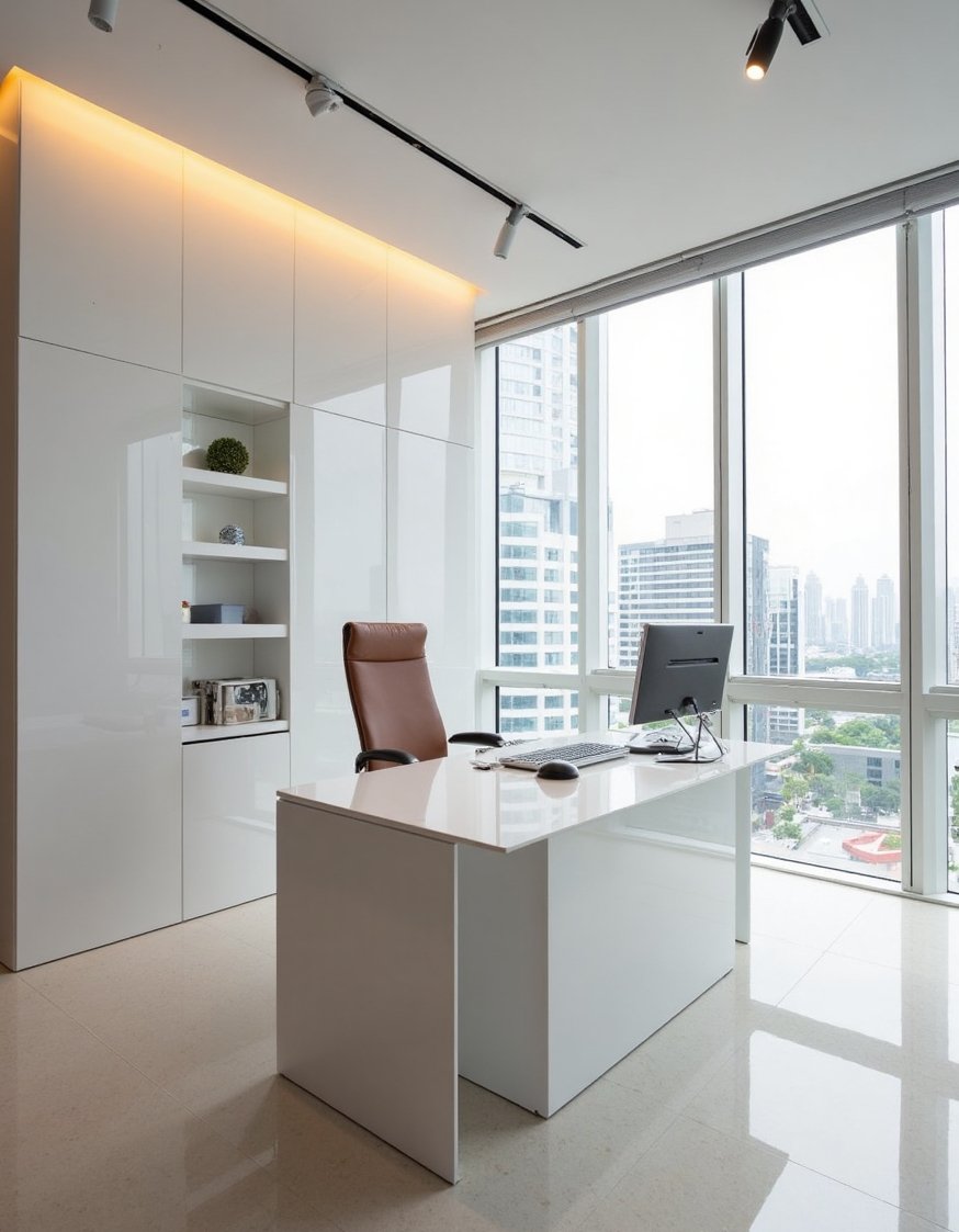 Luxury CEO Office Room - Minimalist Executive Offices with Panoramic City Views - Modern minimalist CEO office with stunning city views....