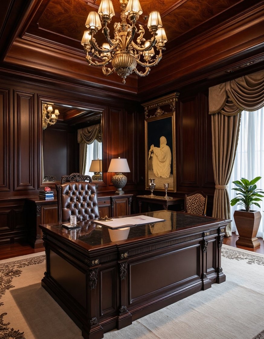 Luxury CEO Office Room - Dark-Hued Executive Offices: Classic Elegance with Dramatic Lighting - This luxurious CEO office is all about sophisticated...