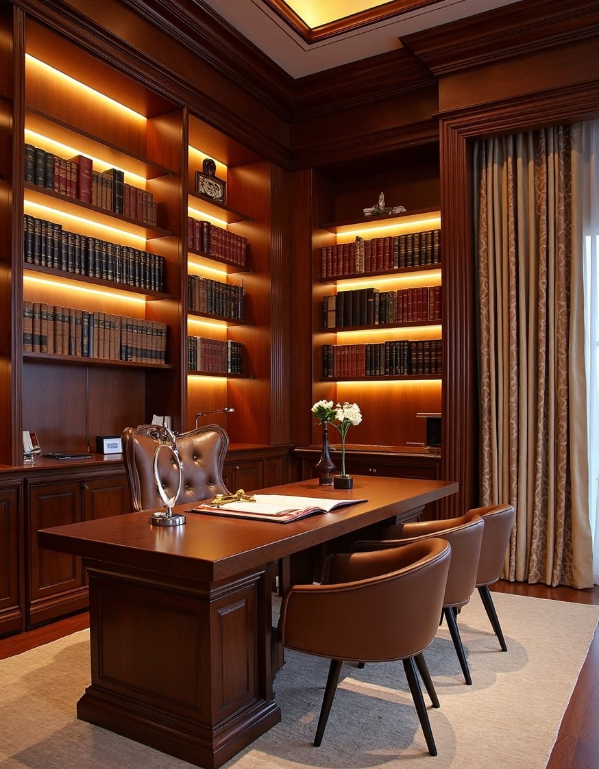 Luxury CEO Office Room - Executive Libraries: Classic Ambiance with Intellectual Flair - Luxury CEO office with a built-in library: rich...