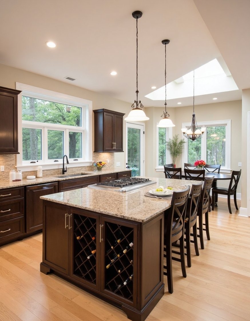 kitchen island ideas - Spacious Kitchen with L-Shaped Island & Wine Rack - This stunning L-shaped kitchen island is a showstopper!...
