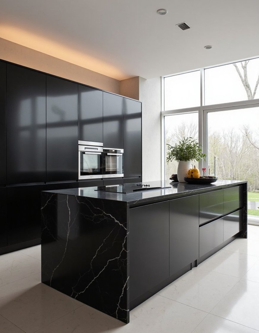 kitchen island ideas - Sleek Black Minimalist Kitchen Island Design - This sleek, black kitchen island is the epitome...