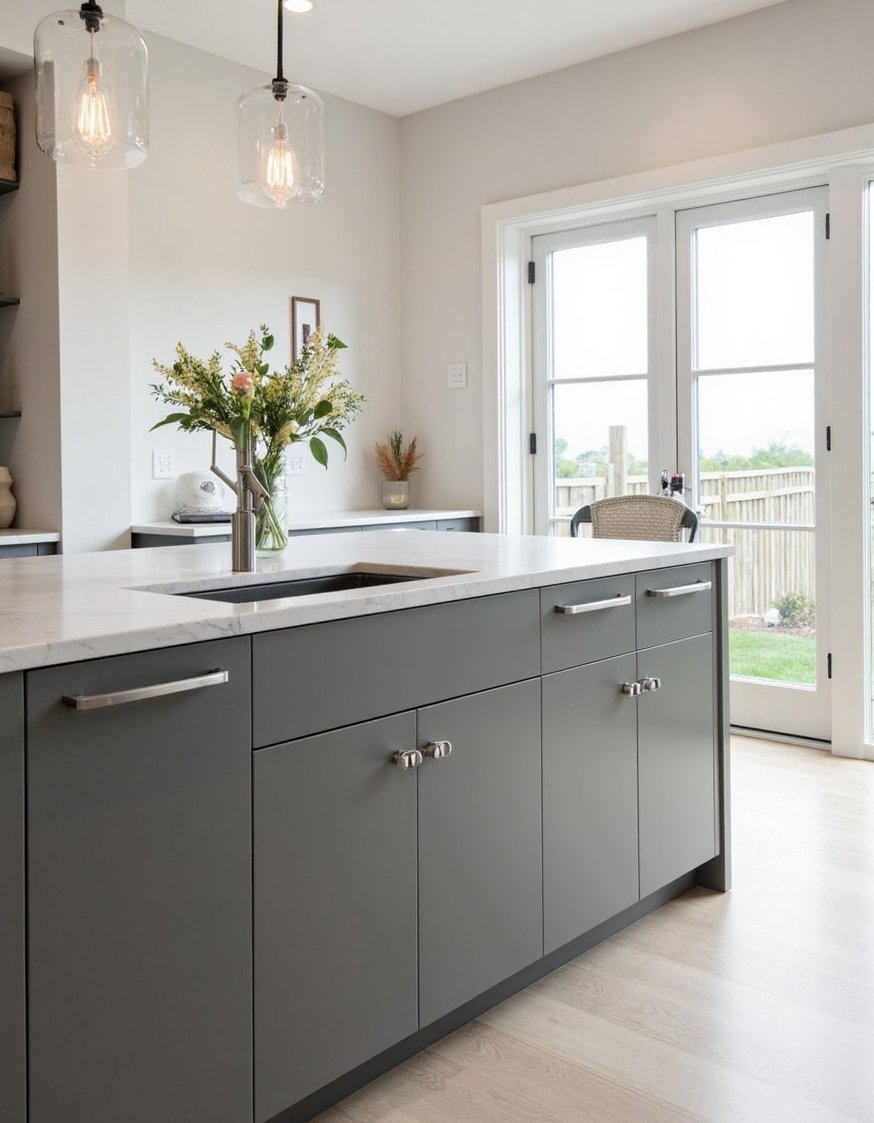 kitchen island ideas - Modern Kitchen Island: Gray Cabinets & Marble Top - Modern kitchen island ideas? This sophisticated island is...