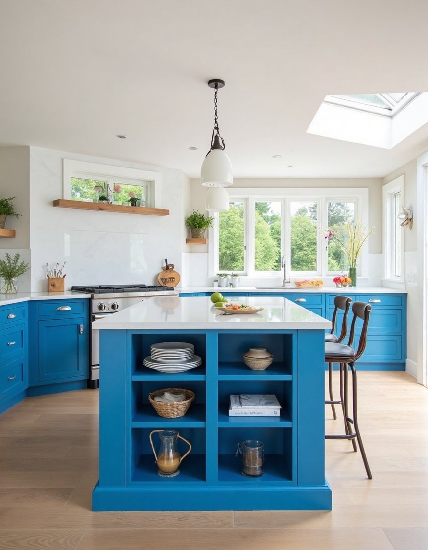 kitchen island ideas - Blue Kitchen Island: Open Shelving & Ample Space - Looking for kitchen island ideas? This vibrant blue...