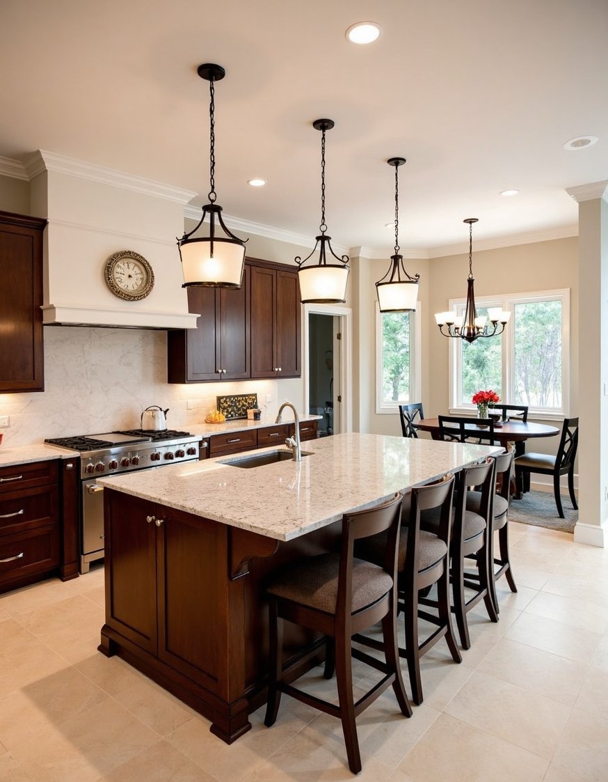 kitchen island ideas - Grand Kitchen Island: Mahogany & Marble, Seating for Four - This grand kitchen boasts a massive island, perfect...