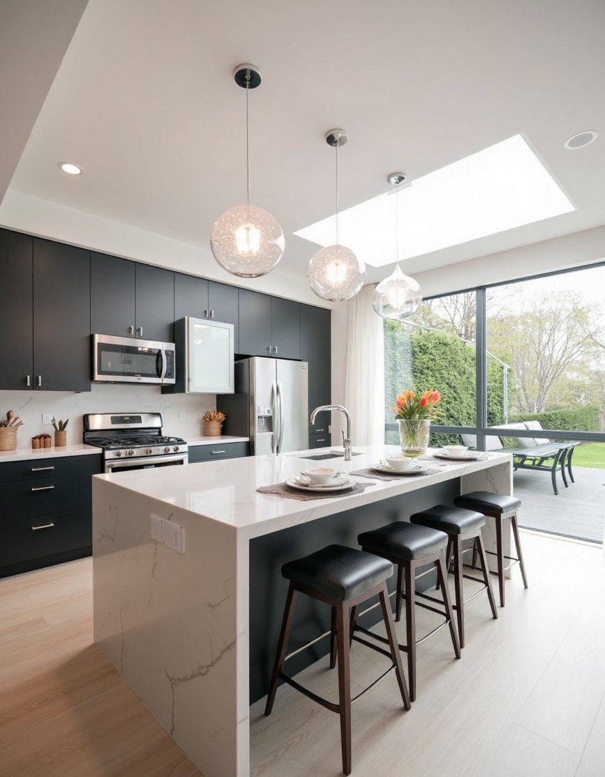 kitchen island ideas - Modern Kitchen Island: Waterfall Quartz Countertop - This modern kitchen island is all about sleek...