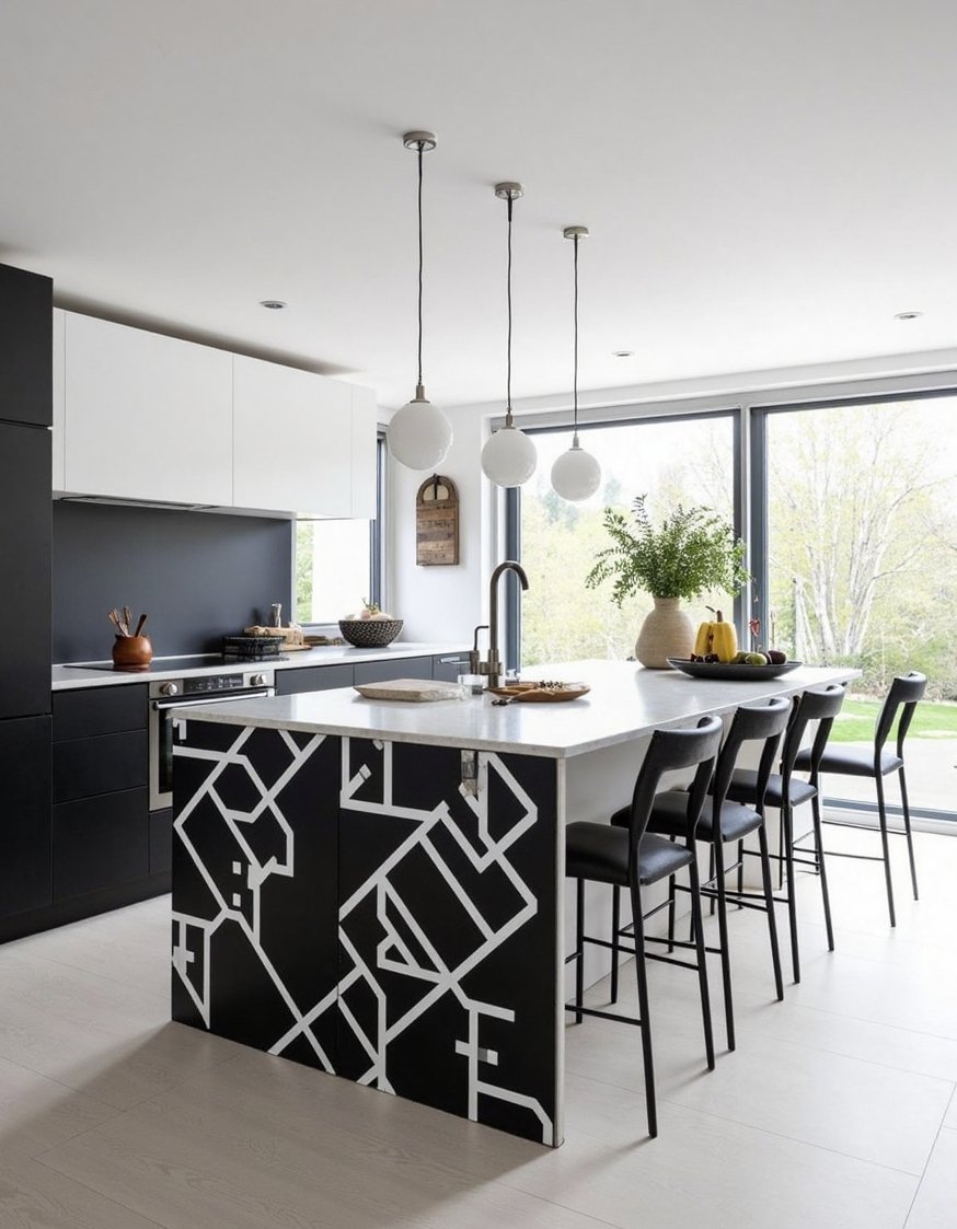 kitchen island ideas - Geometric Black & White Kitchen Island Design - This black and white kitchen island is so...