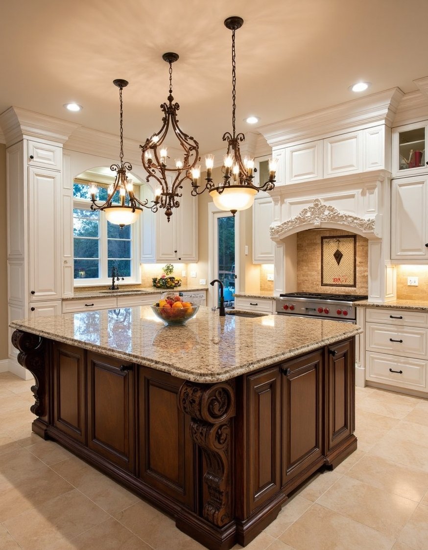 kitchen island ideas - Classic Kitchen Island: Ornate Carvings & Granite - Large kitchen islands are perfect for formal dining....