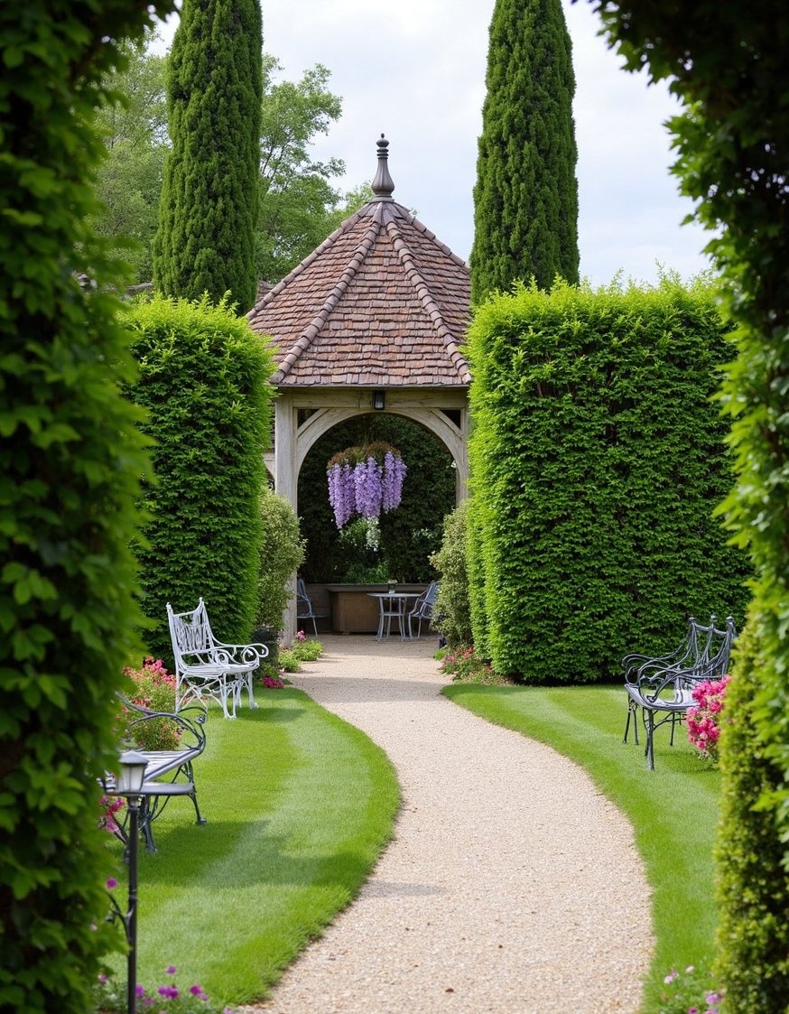 European Style Backyard - Secluded French Garden: Ornate Benches & Wisteria - Escape to a secluded French garden, a hidden...