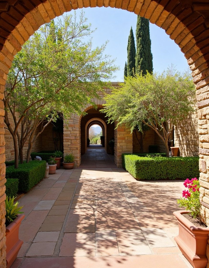 European Style Backyard - Sun-Drenched Mediterranean Backyard: Terracotta & Citrus - Picture a sprawling Mediterranean backyard. Dry-stacked stone walls...