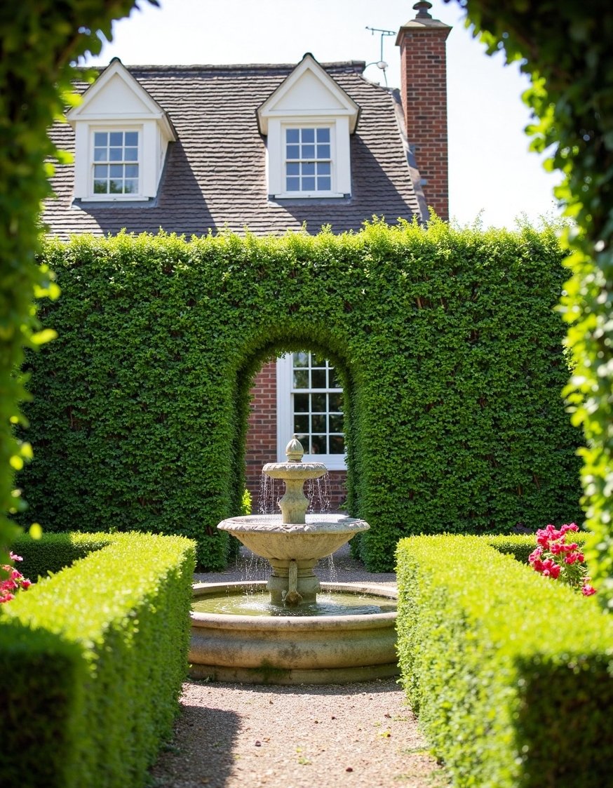European Style Backyard - Symmetrical European Backyard: Formal Fountain & Hedges - This classic European backyard is all about symmetry...