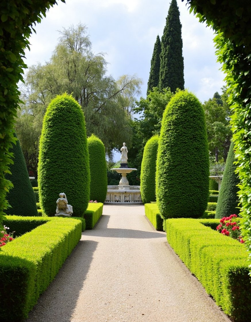 European Style Backyard - Formal French Garden with Boxwood & Statues - Elegant French garden design. Intricate boxwood hedges and...