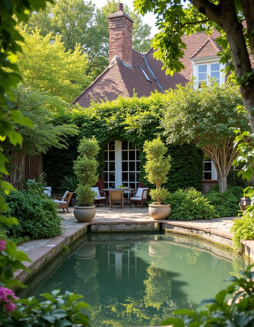 European Style Backyard - Serene European Backyard with Tranquil Pond and Seating - Escape to a serene European-style backyard. A tranquil...