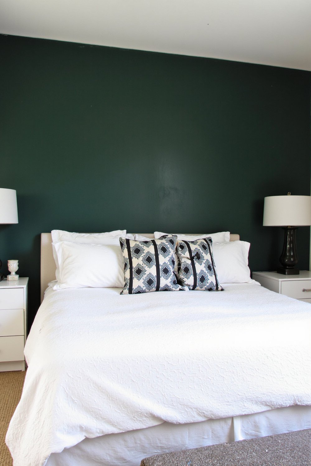 green bedroom ideas - Modern Contrast: Dark Green and Crisp White Bedroom - Modern green bedroom ideas? Look no further! This...