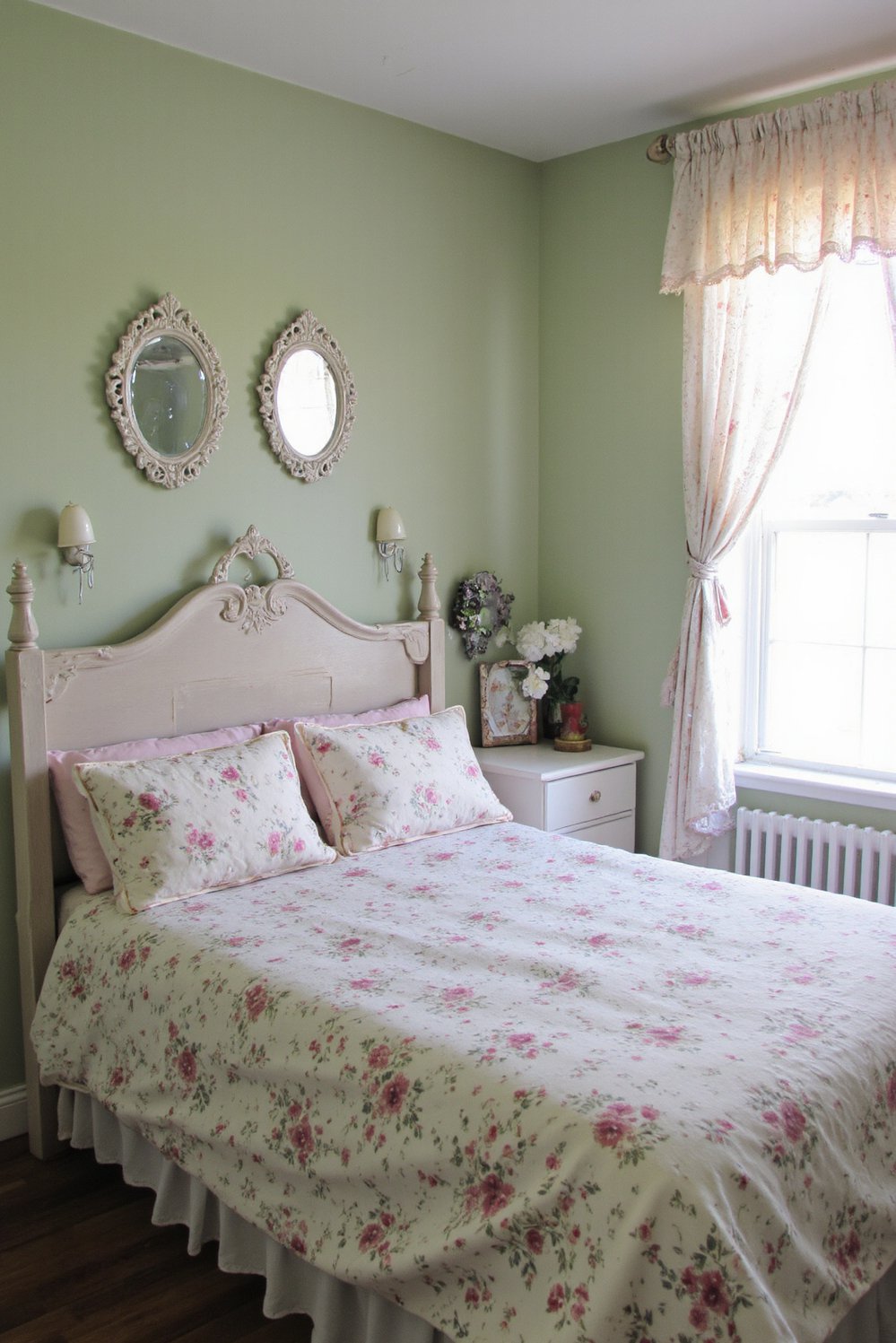 green bedroom ideas - Romantic Sage Green Bedroom: Floral and Feminine Touches - Sage green bedroom—so romantic! Delicate floral bedding and...