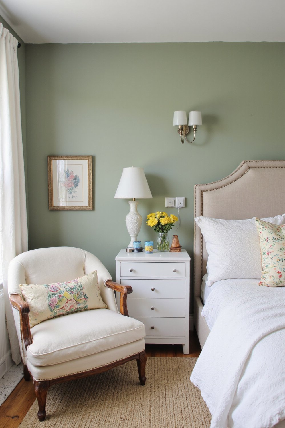 green bedroom ideas - Transitional Sage Green Bedroom: Blending Modern and Classic - Sage green walls create a calming, transitional bedroom....