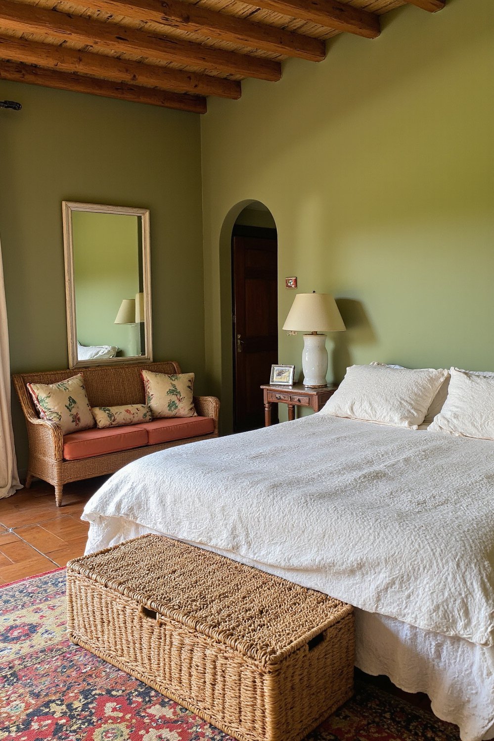 green bedroom ideas - Olive Green Mediterranean Bedroom: Warm and Welcoming - Escape to a serene Mediterranean-style green bedroom. Warm...