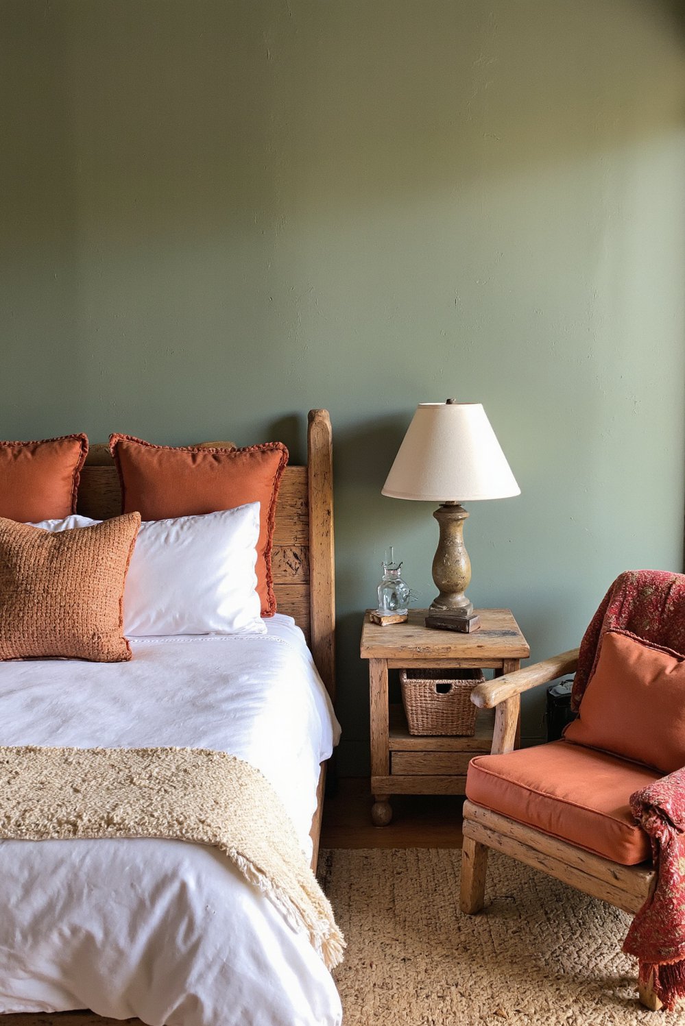 green bedroom ideas - Southwestern Sage Green Bedroom: Rustic and Inviting - Create a serene Southwestern-inspired bedroom. Muted sage green...