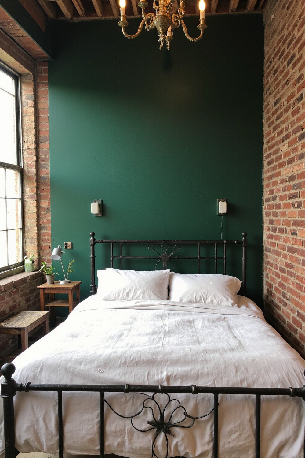 green bedroom ideas - Industrial Green Bedroom: Raw Textures and Urban Edge - This industrial-chic green bedroom is my dream space....