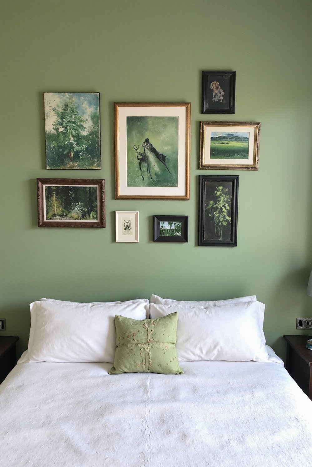 green bedroom ideas - Minimalist Green Gallery Wall: Artistic and Calm - Green gallery wall bedroom ideas. This minimalist bedroom...