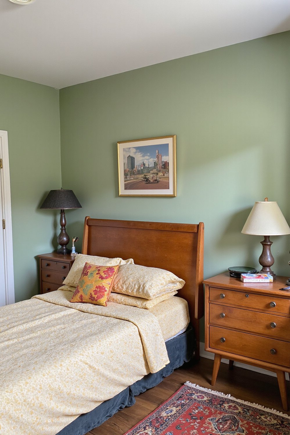 green bedroom ideas - Mid-Century Modern Green Bedroom: Retro Charm with Warmth - Mid-century modern bedroom? Yes, please! This room features...
