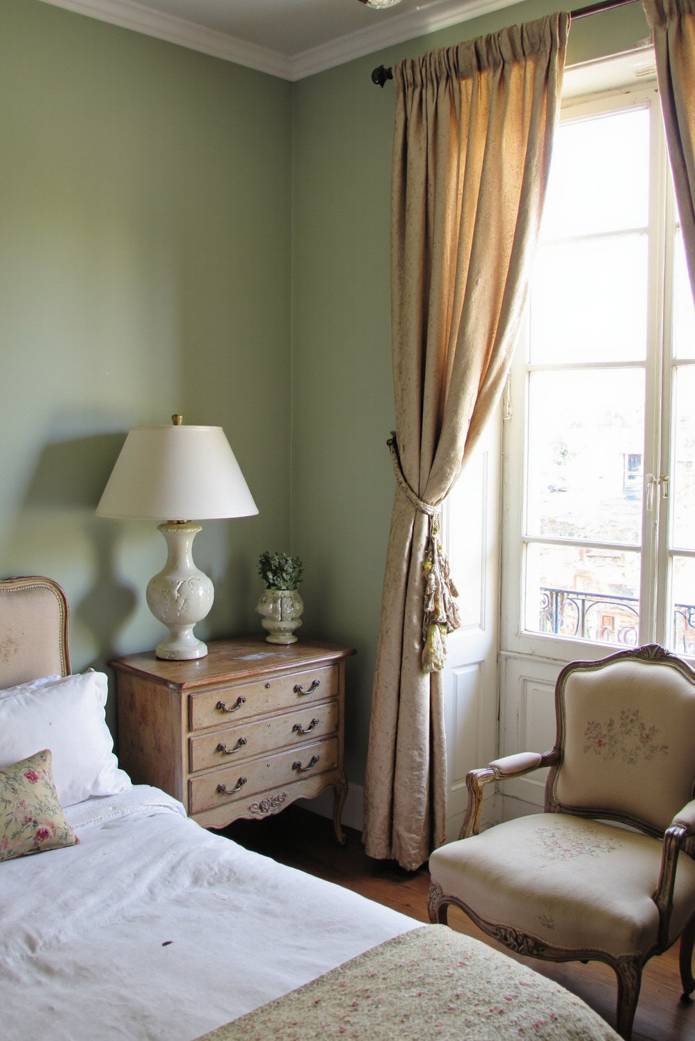 green bedroom ideas - Parisian Sage Green Bedroom: Romantic Elegance - Create a serene Parisian bedroom retreat. Soft sage...