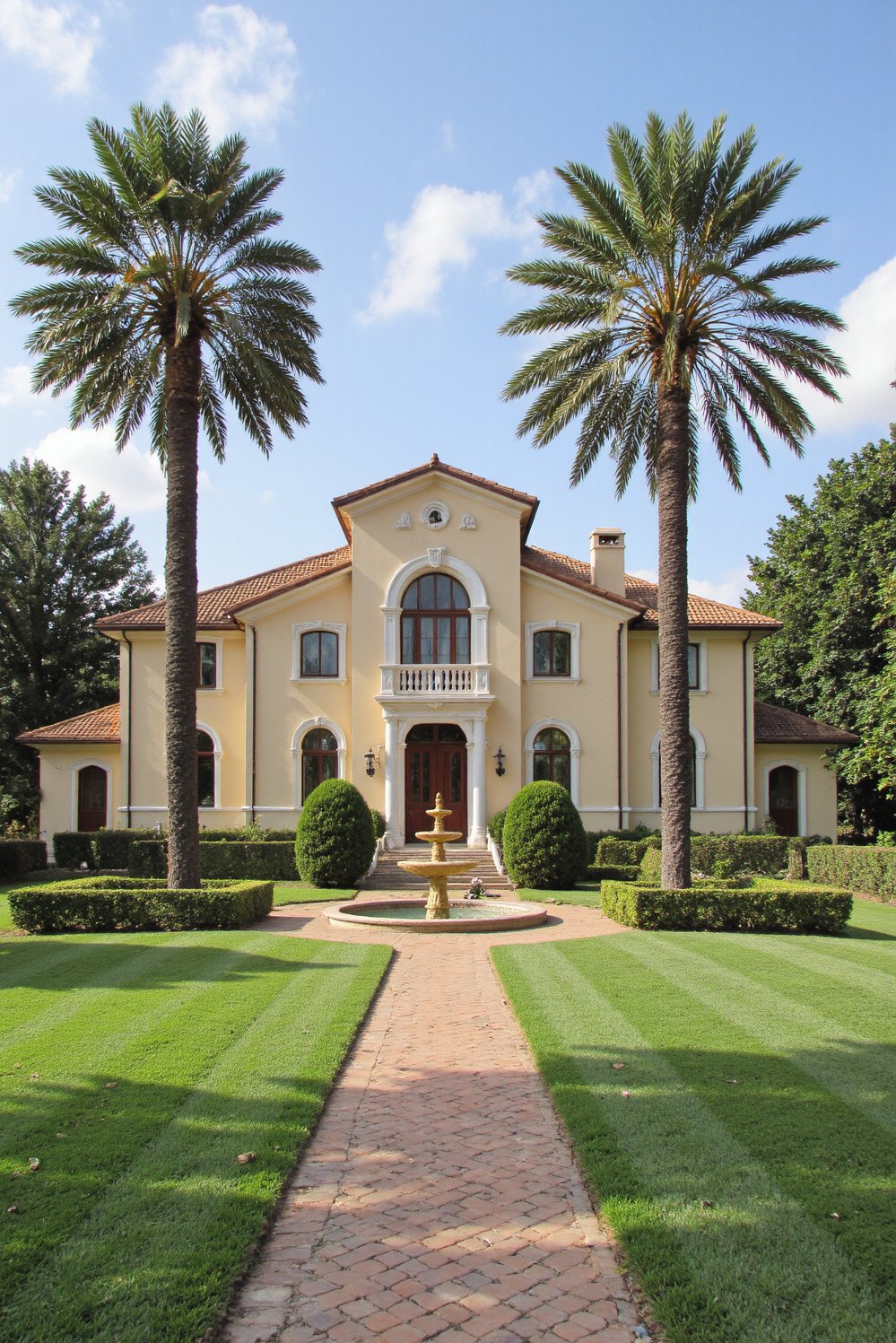 Italian villas exteriors - Symmetrical Tuscan Estate: Formal Courtyard and Fountain - Grand Tuscan villa with balanced facade…