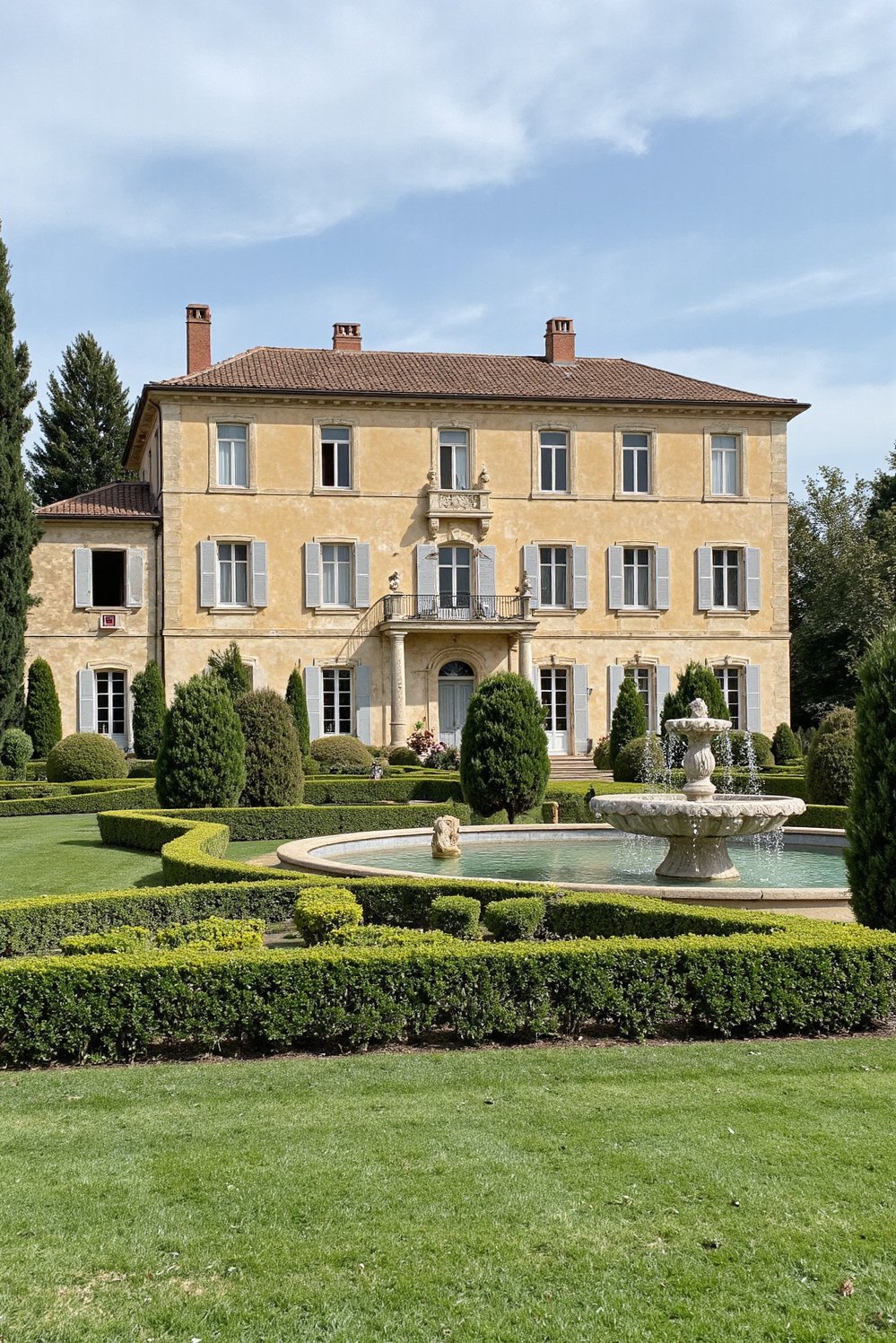 Italian villas exteriors - Elegant Tuscan Mansion: Formal Gardens and Timeless Design - Grand villa with manicured gardens…