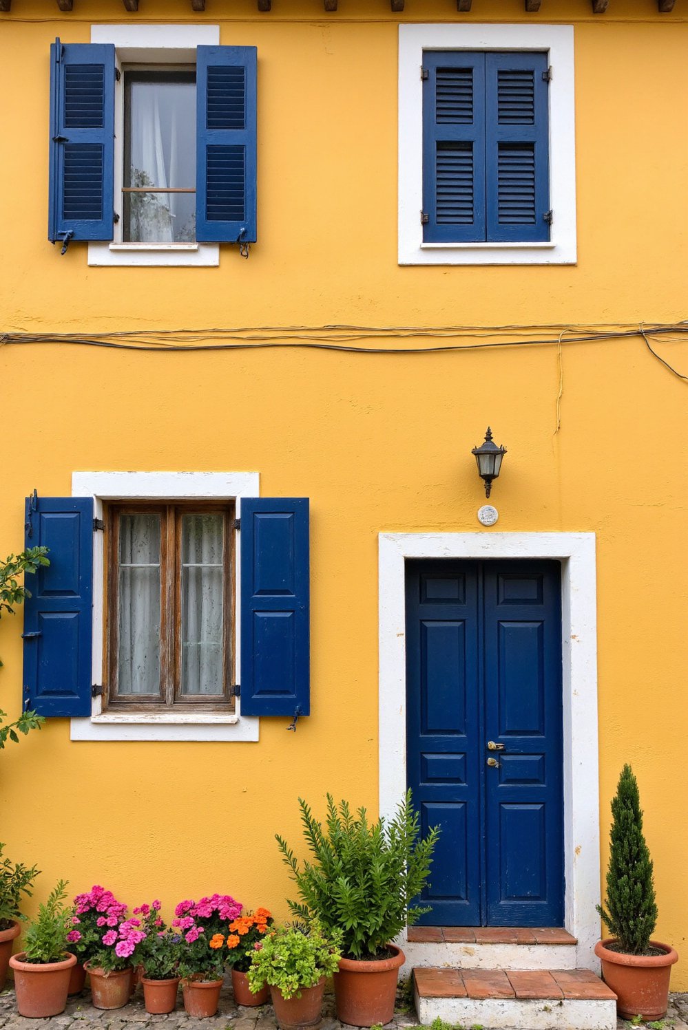 Italian villas exteriors - Bright Tuscan Home: Ochre Walls and Terracotta Roof - Vibrant yellow ochre house with blue shutters…