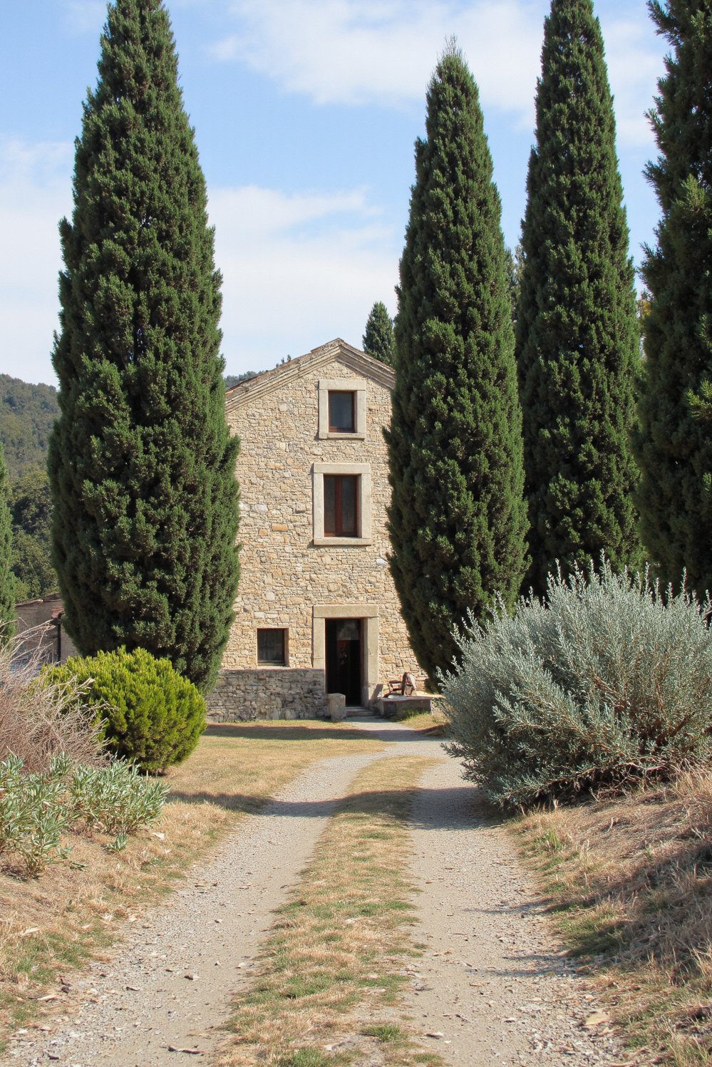 Italian villas exteriors - Secluded Farmhouse Surrounded by Cypress Trees - Rustic stone farmhouse with cypress backdrop…