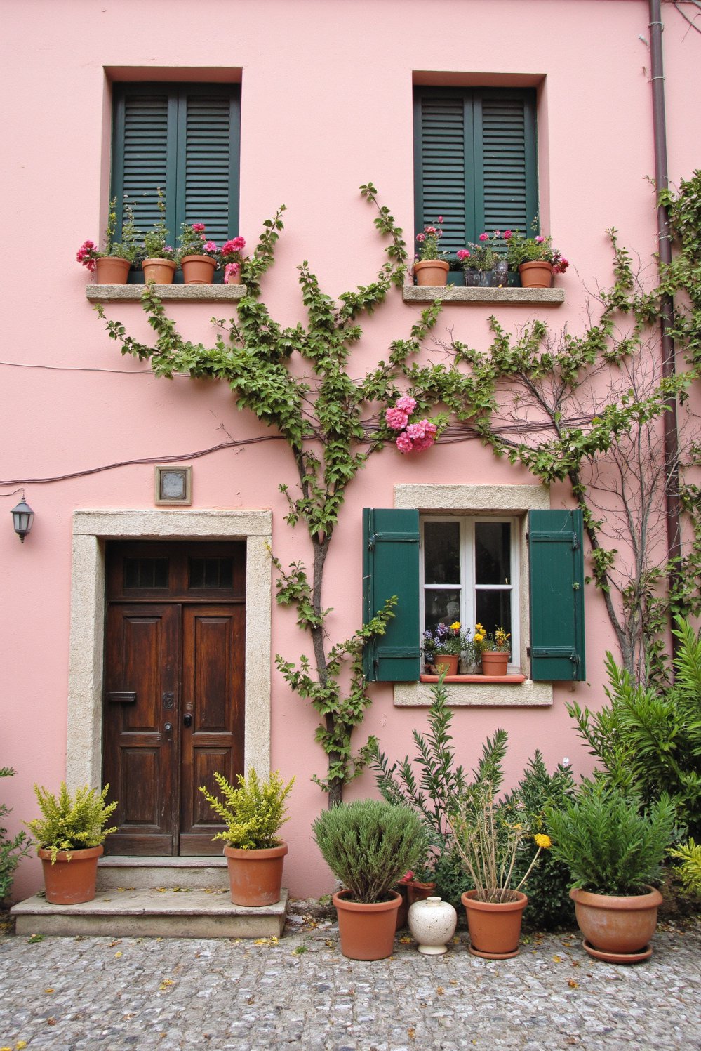 Italian villas exteriors - Pastel Pink Tuscan Villa with Climbing Roses - Soft pink villa adorned with roses…