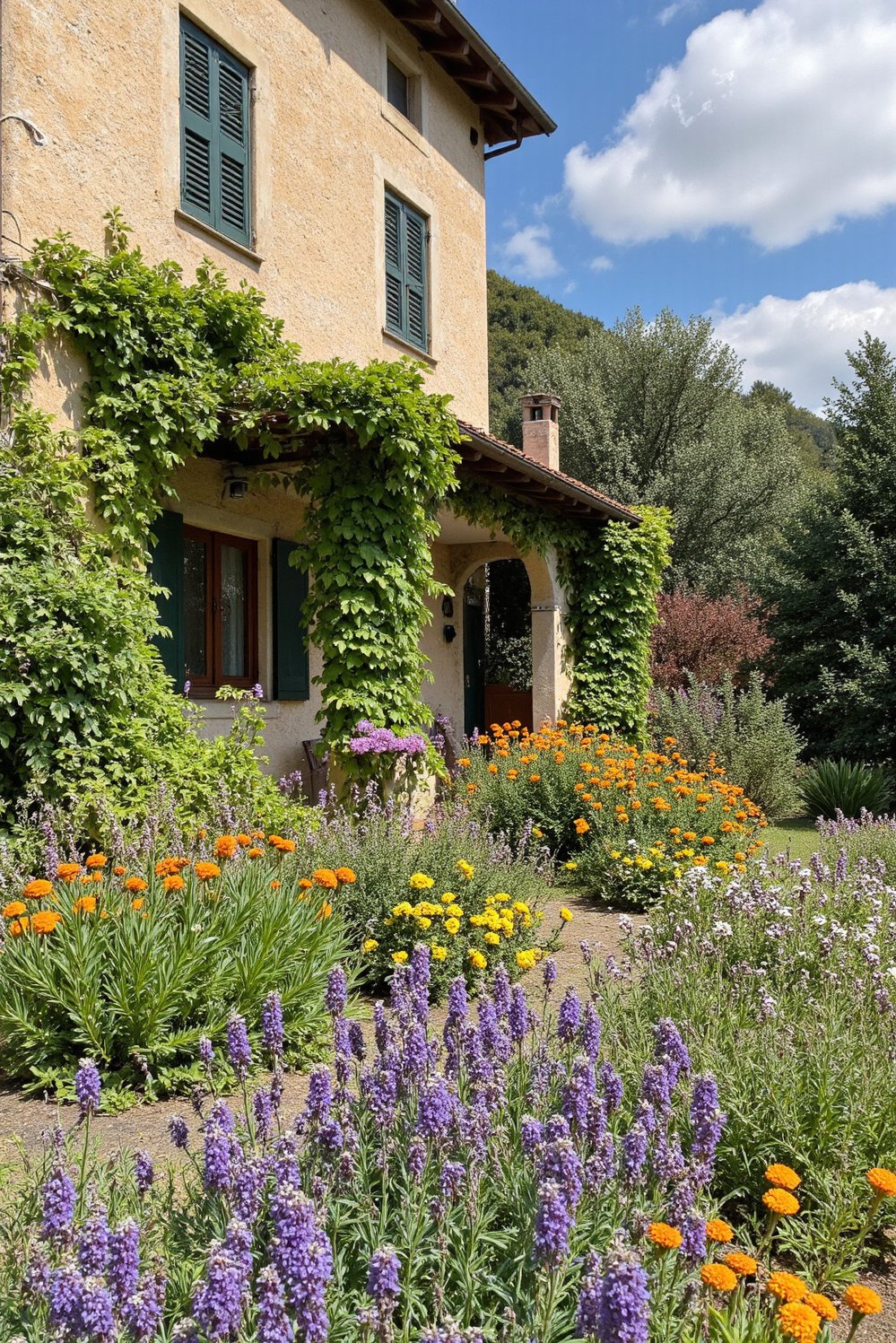 Italian villas exteriors - Fragrant Tuscan Garden and Stone Exterior - Colorful garden with herbs and flowers…