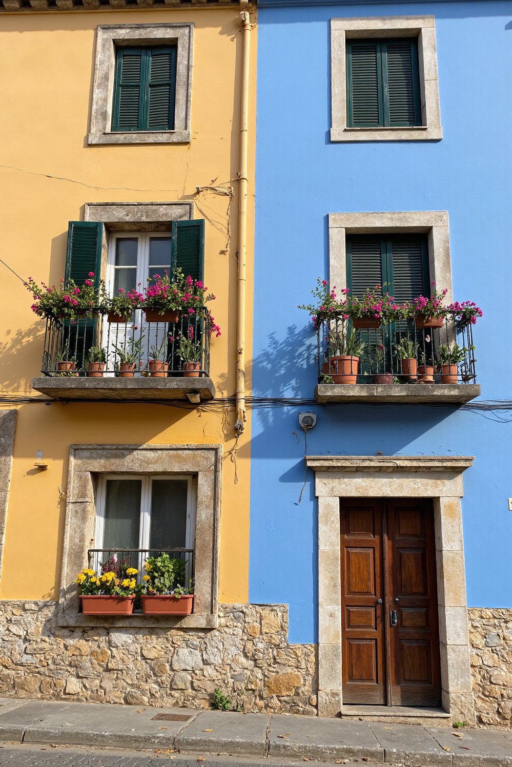 Italian villas exteriors - Colorful Italian Homes: Vibrant Walls and Flower-Filled Balconies - Brightly painted house with floral accents…