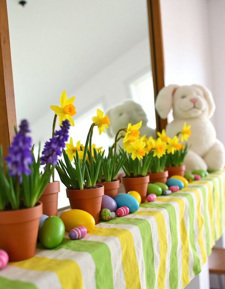 Spring mantel decor ideas - Vibrant Easter Mantel Featuring Daffodils and Festive Accents - Bright Easter mantel with painted eggs and daffodils.