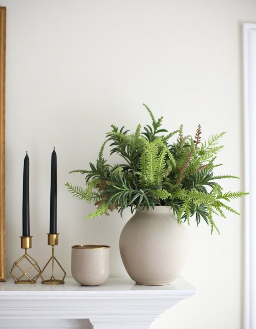 Spring mantel decor ideas - Contemporary Spring Mantel: Succulents Paired with Geometric Candleholders - Minimalist design with ceramic vase.