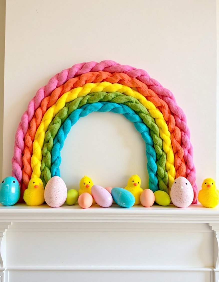 Spring mantel decor ideas - Playful Rainbow Easter Mantel with Pastel Chicks and Eggs - Colorful paper mache rainbow and Easter decorations.