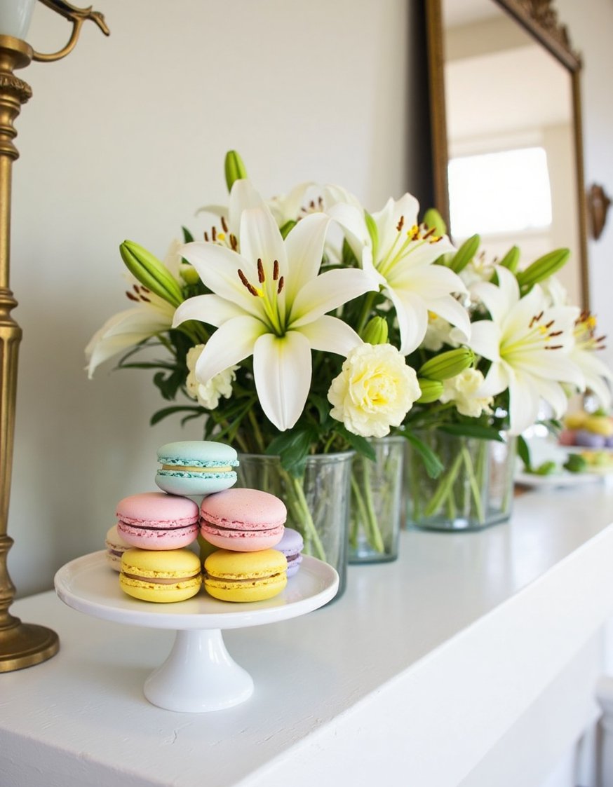 Spring mantel decor ideas - Refined Easter Mantel: Lilies Paired with Pastel Macarons - Elegant mantel with white tablecloth and Easter lilies.
