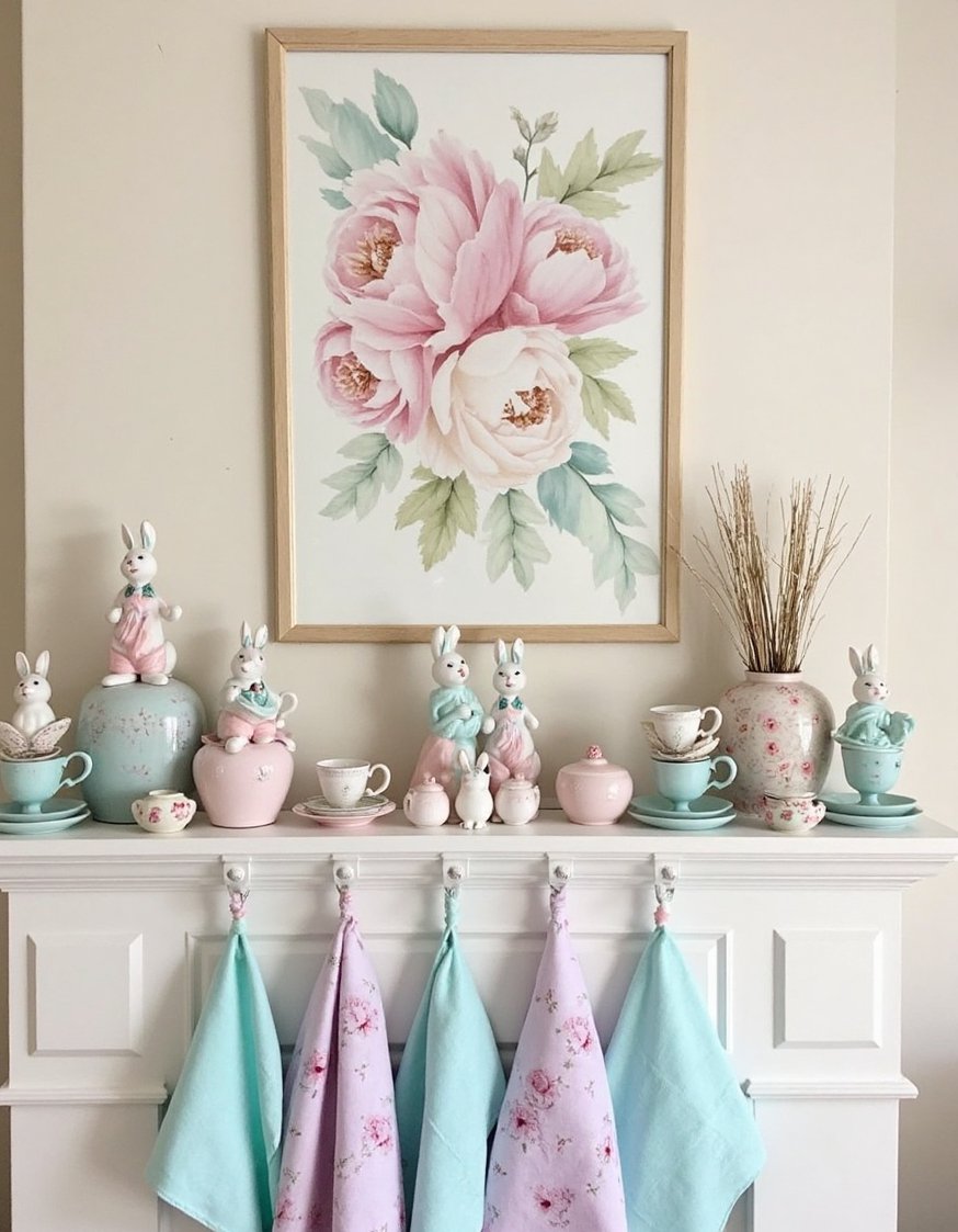 Spring mantel decor ideas - Vintage-Inspired Easter Mantel: Soft Pastels and Charming Teacups - Shabby chic mantel with pastel bunnies.