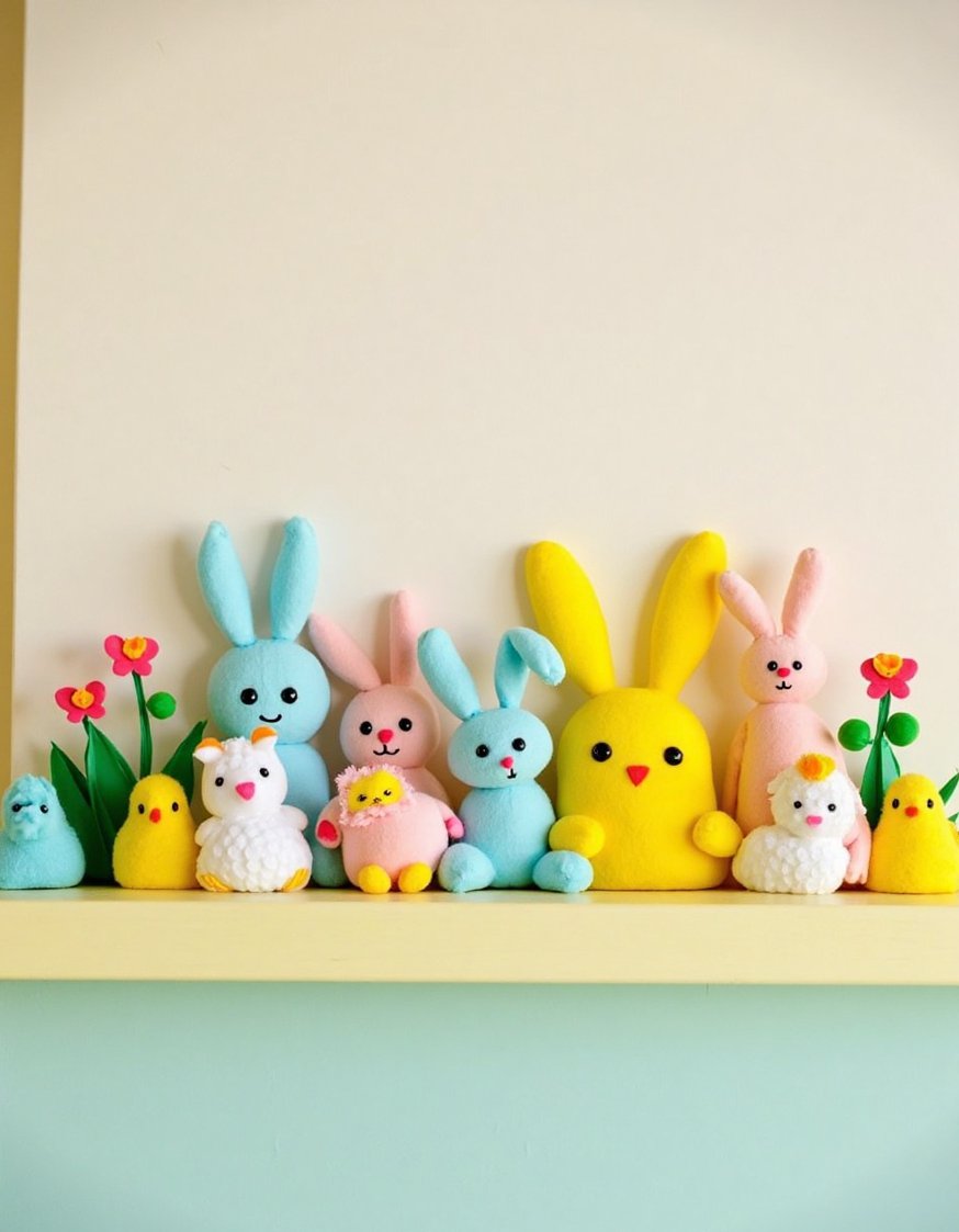 Spring mantel decor ideas - Pastel-Themed Spring Mantel with Playful Felt Animal Accents - Felt bunnies, chicks, and lambs on pastel mantel.