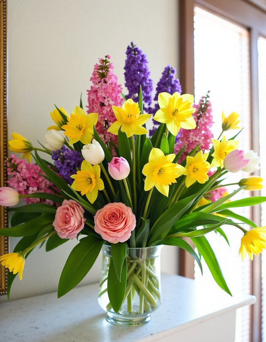 Spring mantel decor ideas - Floral Explosion: Cascading Spring Blooms for Your Mantel - Colorful tulips, daffodils, hyacinths, and ranunculus.