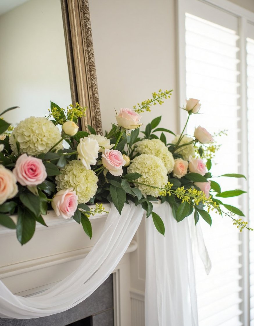 Spring mantel decor ideas - Romantic Spring Mantel: Soft Roses Draped with Sheer Fabric - Pastel roses, peonies, and hydrangeas with delicate fabric.