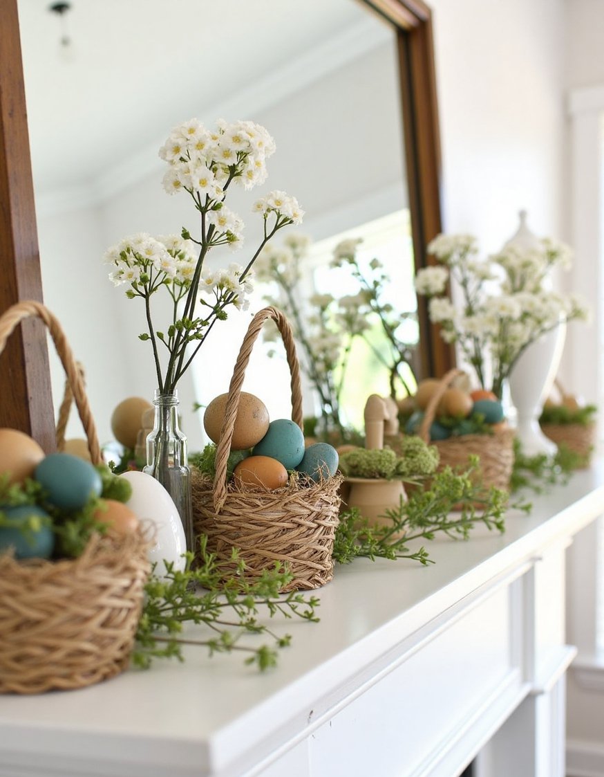 Spring mantel decor ideas - Country-Style Easter Mantel: Rustic Wooden Eggs and Wildflowers - Painted wooden eggs and straw baskets.
