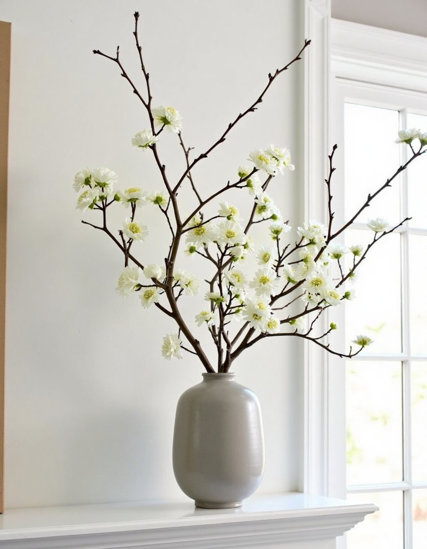 Spring mantel decor ideas - Minimalist Spring Mantel: Branches and Blossoms in a Ceramic Vase - Simple and elegant spring mantel.