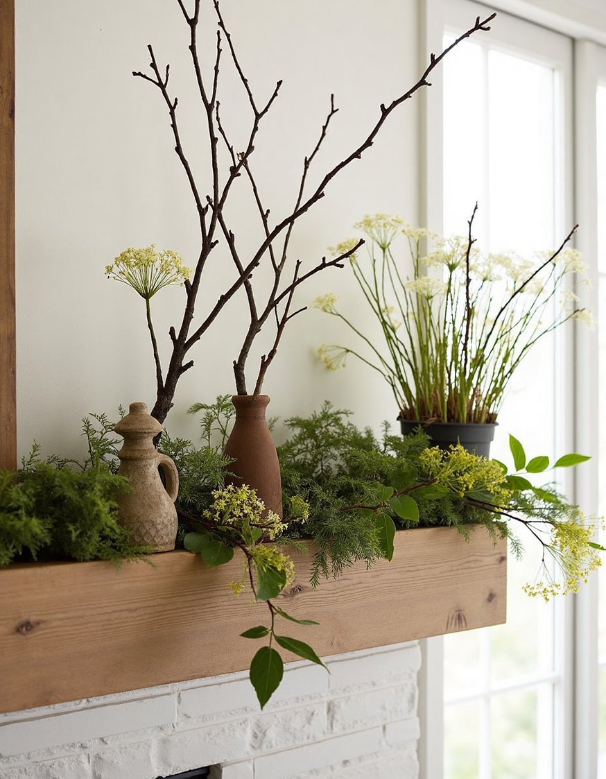 Spring mantel decor ideas - Rustic Spring Mantel: Wildflowers, Twigs, and Moss - Natural elements for a cozy spring mantel.