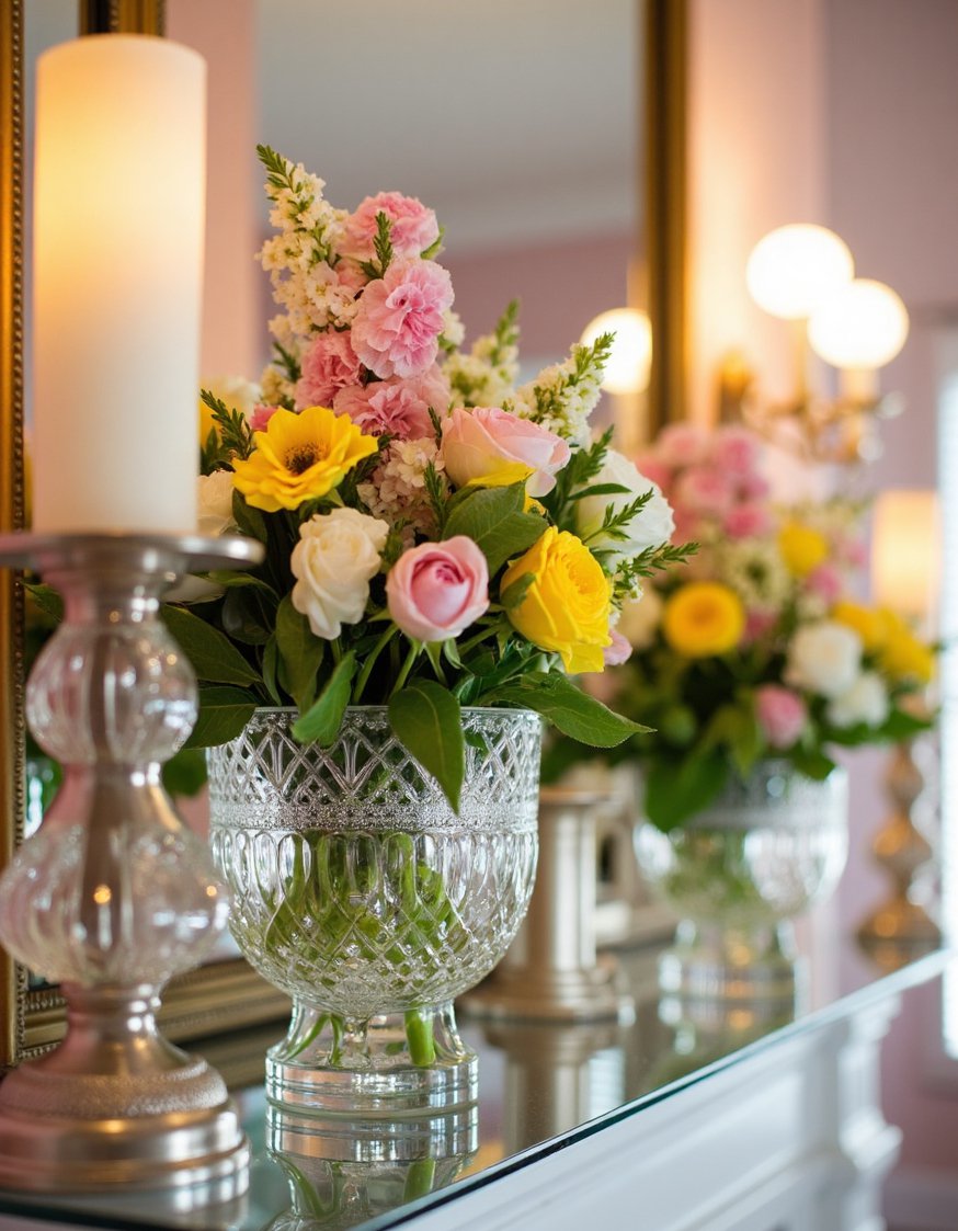 Spring mantel decor ideas - Luxurious Spring Mantel: Crystal Vases and Fresh Blooms - Mirrored mantel with sparkling crystal and flowers.