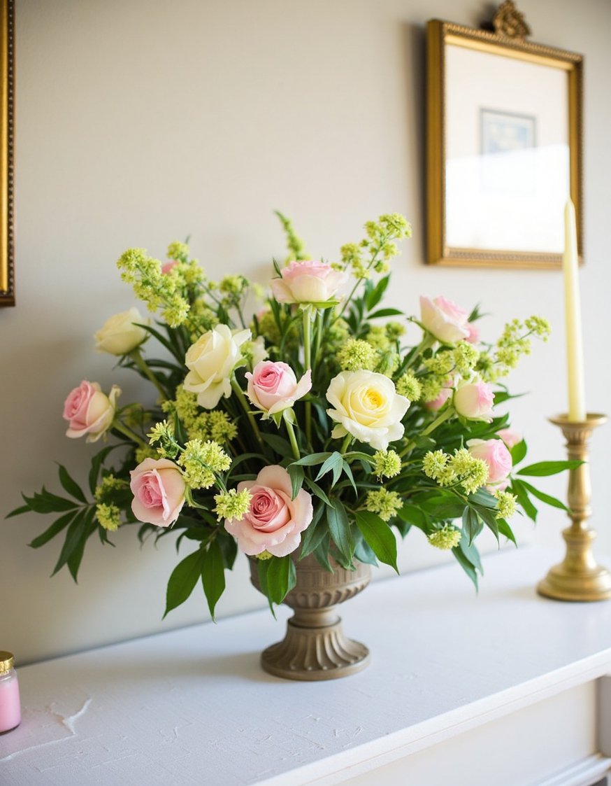 Spring mantel decor ideas - Classic Spring Mantel: Pastel Flowers and Candlelight - Traditional mantel with white tablecloth and soft colors.