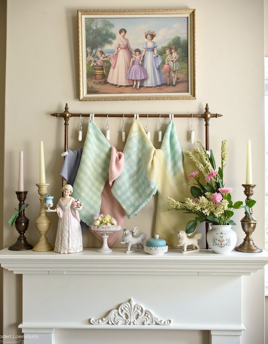 Spring mantel decor ideas - Charming Vintage Spring Mantel: Antique Details and Soft Pastels - Porcelain figurines and faded fabrics.