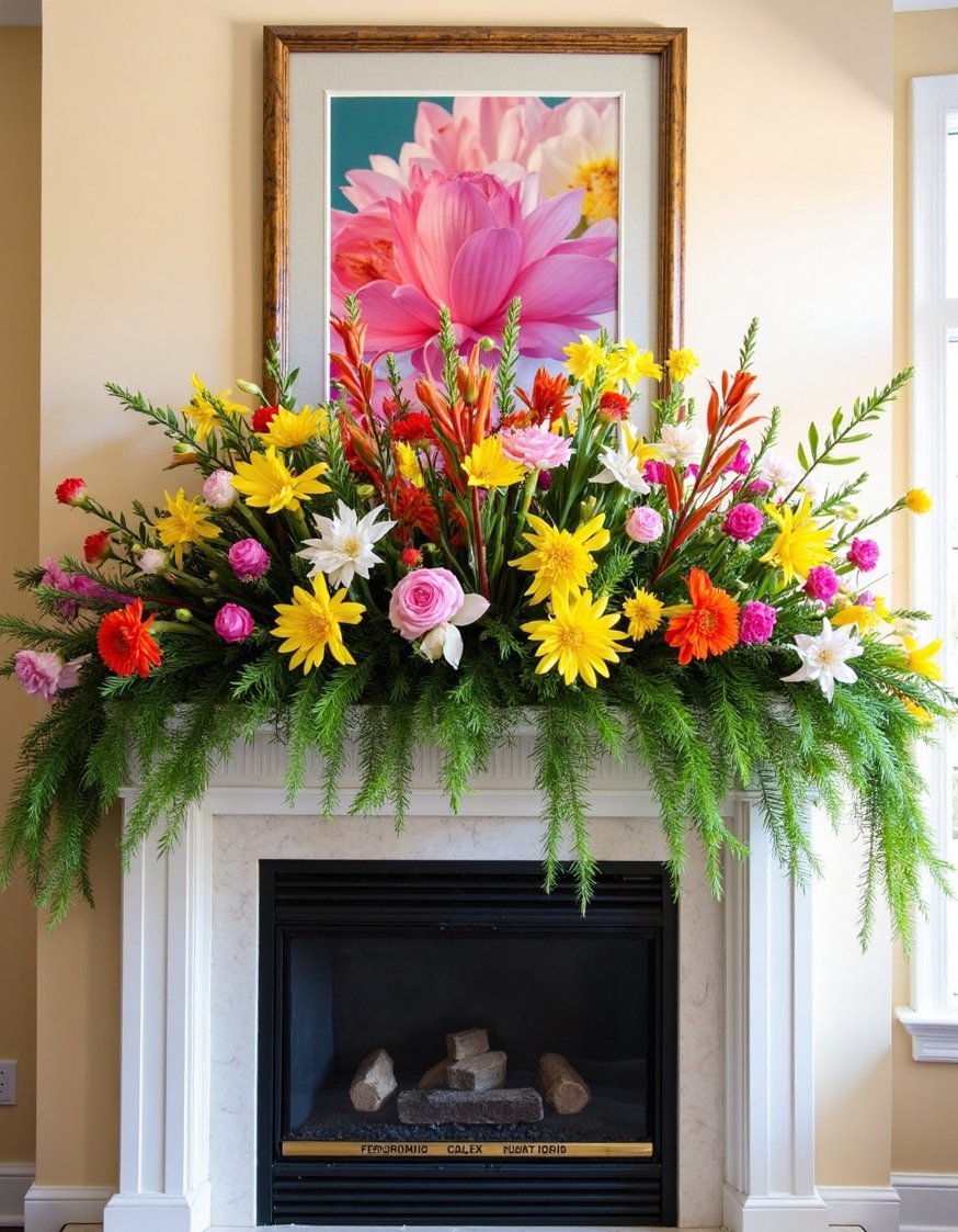 Spring mantel decor ideas - Vibrant and Textured Spring Mantel: Bold Blooms and Greenery - Colorful flowers and lush foliage.