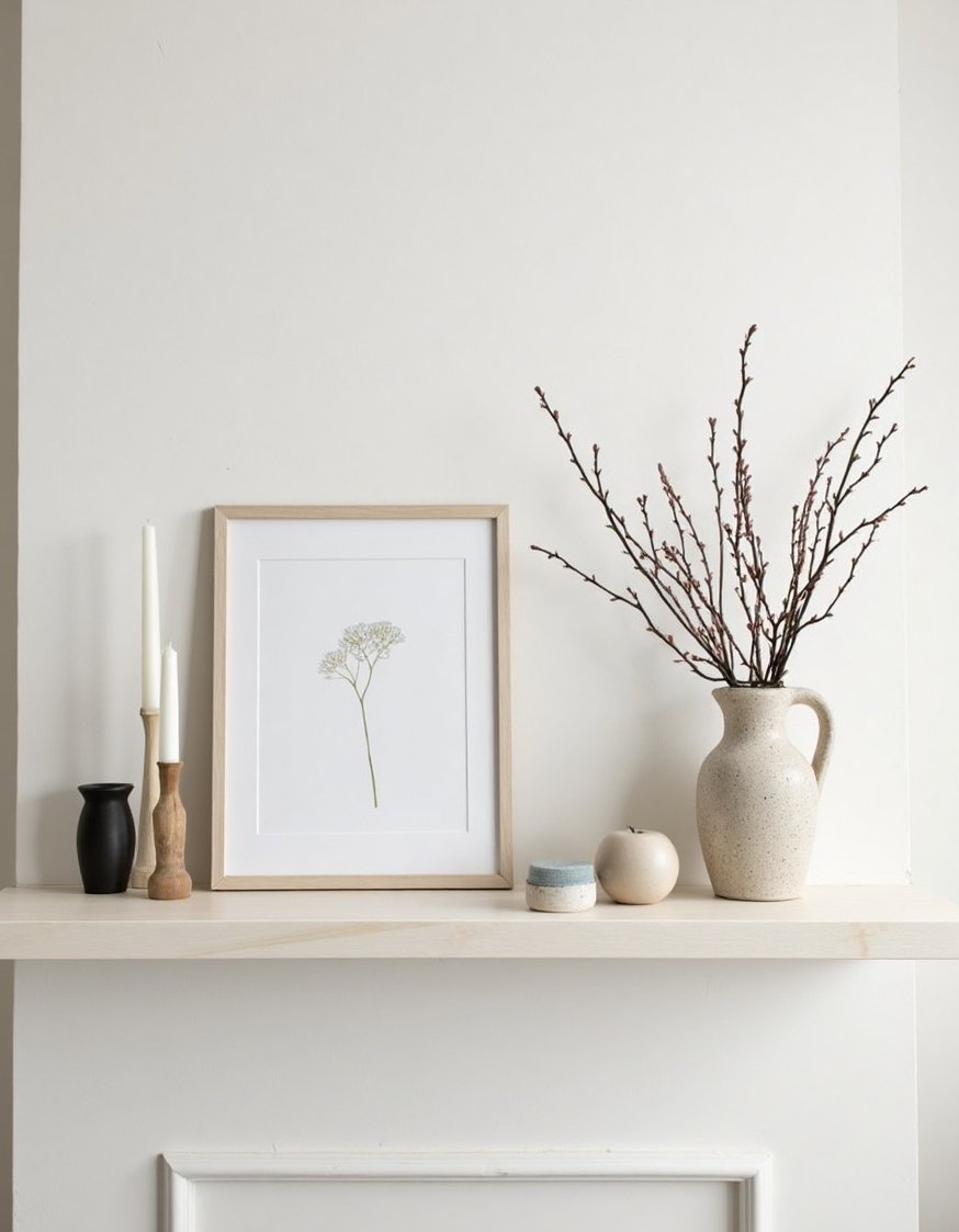 Spring mantel decor ideas - Scandinavian-Inspired Spring Mantel: Natural Simplicity - Muted colors and natural materials.