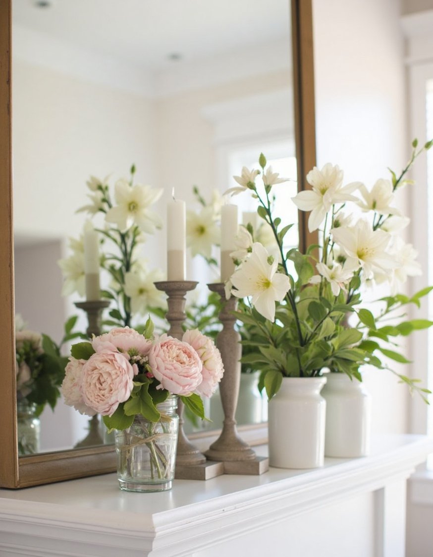 Spring mantel decor ideas - Subtle Pastel Spring Mantel: Elegant and Understated - Muted palette with delicate flowers and candles.