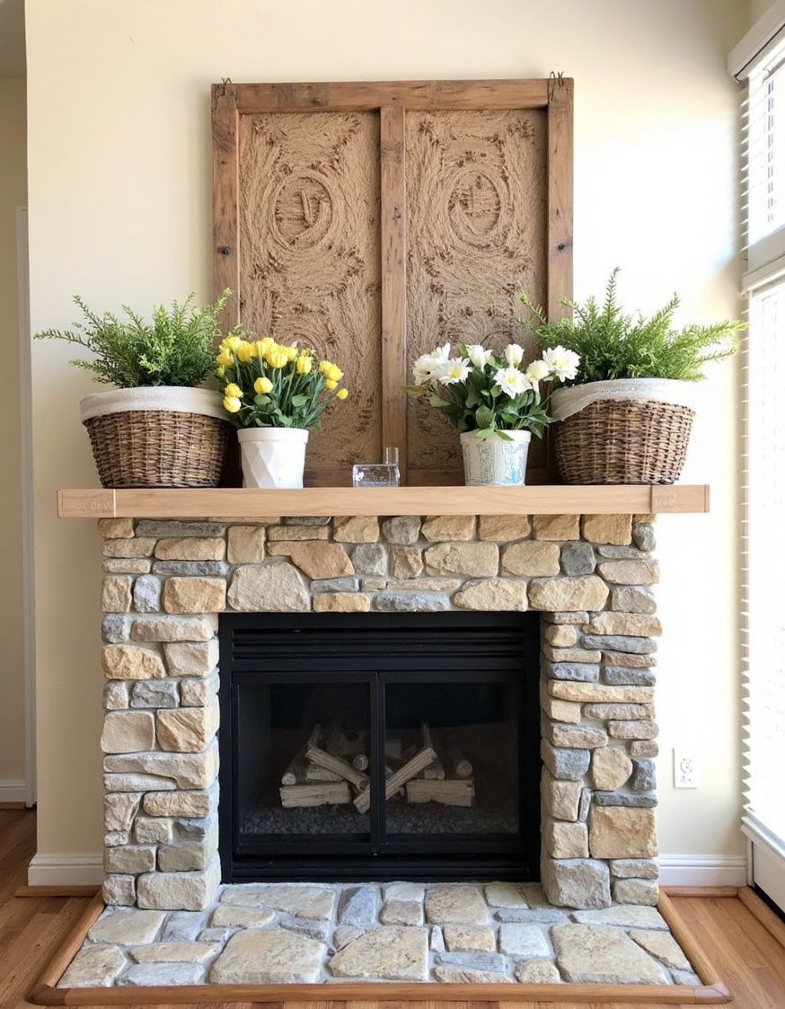 Spring mantel decor ideas - Cozy Rustic Spring Mantel: Wood Accents, Flowers, and Baskets - Natural textures and woven baskets.
